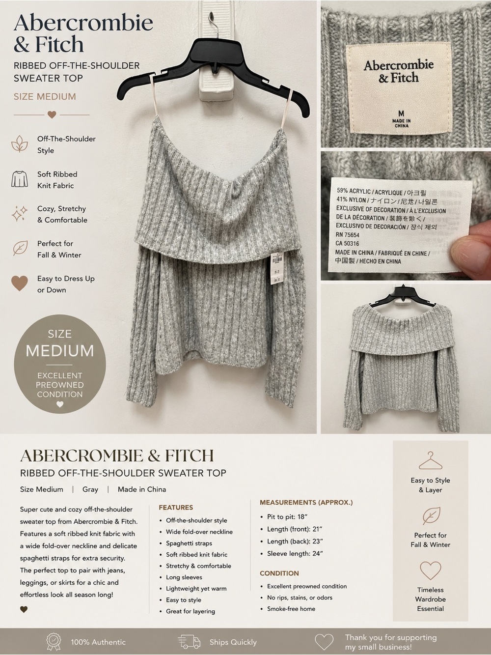 Abercrombie & Fitch Light Gray Ribbed Off-the-Shoulder Sweater